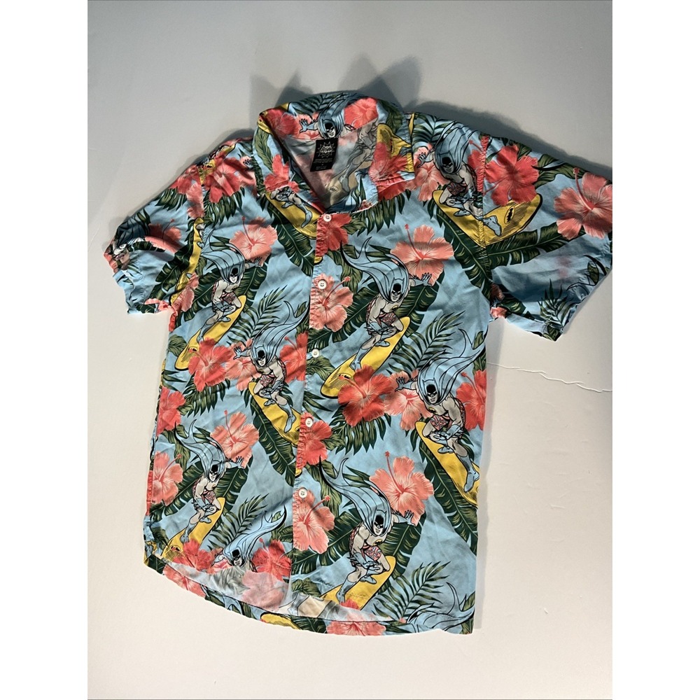 Batman Classic TV Series Hawaiian Camp Button Shirt Batman Surfing Floral Men M